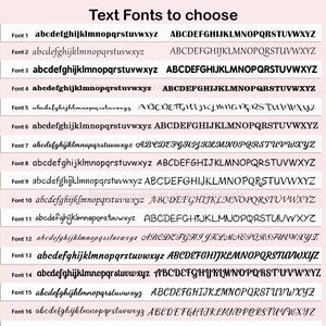 May include: Image showcasing a selection of 16 different text fonts, each displayed with lowercase and uppercase alphabets. The title "Text Fonts to choose" is at the top. Font styles range from simple to decorative, offering options for various design needs.