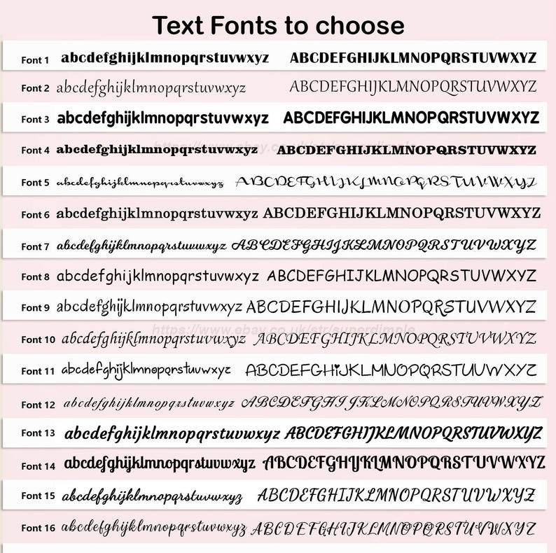 May include: Image showcasing a selection of 16 different text fonts, each displayed with lowercase and uppercase alphabets. The title "Text Fonts to choose" is at the top. Font styles range from simple to decorative, offering options for various design needs.