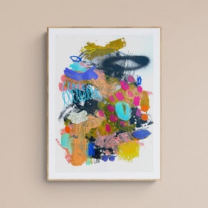 Small original abstract painting on paper made with acrylic paint and ink, collage, affordable small wall art for home or office decor