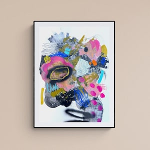 Small original abstract painting on paper made with acrylic paint and ink, collage, affordable small wall art for home or office decor
