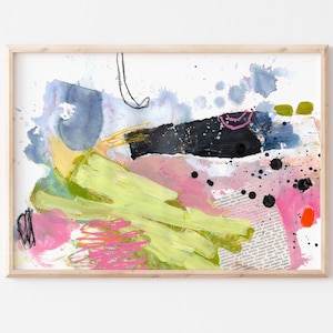 Small original abstract painting on paper made with acrylic paint and ink, collage, affordable small wall art for home or office decor