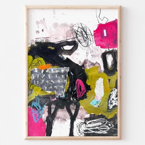Small original abstract painting on paper made with acrylic paint and ink, collage, affordable small wall art for home or office decor