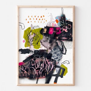 Small original abstract painting on paper made with acrylic paint and ink, collage, affordable small wall art for home or office decor