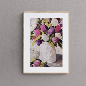 Dipinto di fiori di tulipano in vaso su carta, piccola opera d'arte originale, formato A3, 29,7 x 42 cm, opera d'arte impressionista firmata dall'autore