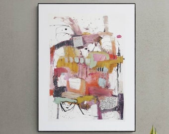 Original abstract painting on paper 56x76cm "let me think" acrylic paint and ink, collage, affordable large wall art for home, office decor