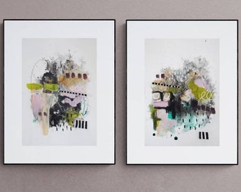 Original small diptych acrylic abstract paintings on watercolor paper 'unrealistic dreams' , each on A3 (29,7 x42 cm) affordable artwork