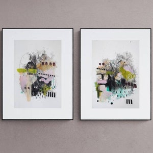 Dipinti astratti acrilici originali in piccolo dittico su carta ad acquerello 'sogni irrealistici', ciascuno su opere d'arte a prezzi accessibili A3 (29,7 x42 cm)