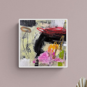 Small mini original abstract painting on paper, colorful acrylic paint and ink, collage, small 17.5x17.5cm  artwork, affordable abstract