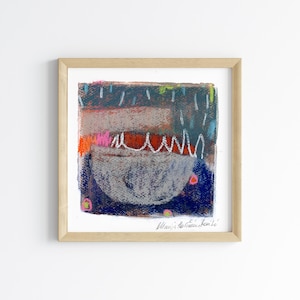 Small mini original abstract painting on paper, square painting, acrylic paint and pastel artwork, mini abstract, japandi abstract wall art