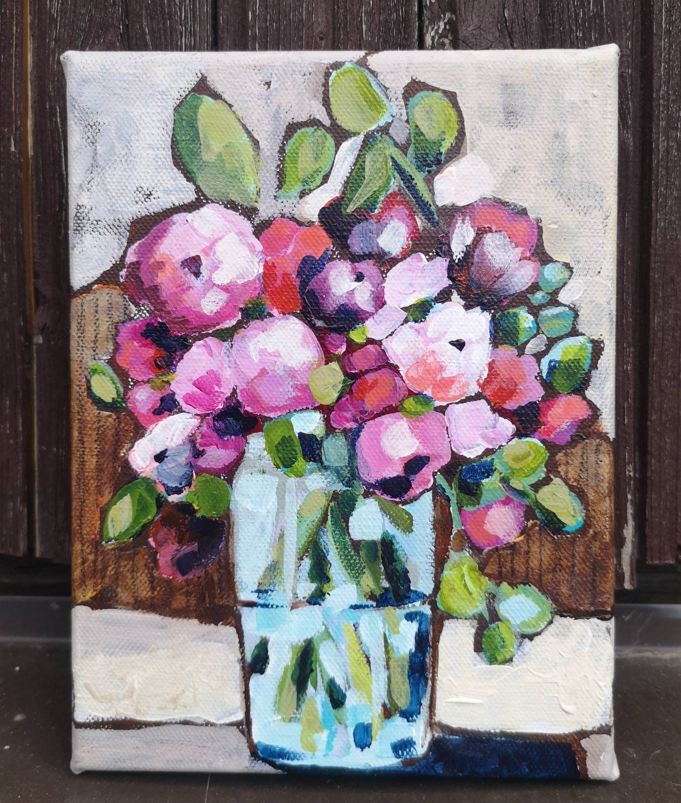 Original mini floral painting on canvas 20x15cm acrylic. Small Etsy