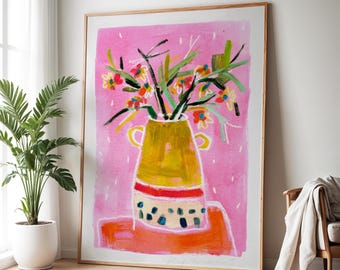 Flower Wall Art Digital Print, Funky Print, floral Retro Art, pink Print Digital Download, flower illustration, colorful whimsical  print