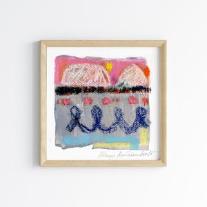 Small mini original abstract painting on paper, square painting, acrylic paint and pastel artwork, mini abstract, japandi abstract wall art