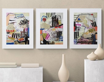 Original triptych abstract paintings on watercolor paper, modern abstract, fall wall decor, affordable artwork, colorful abstracts,