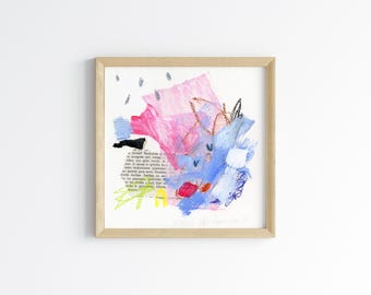 Small mini original abstract painting on paper, colorful acrylic paint and ink, collage, affordable 20x20cm  artwork, affordable abstract