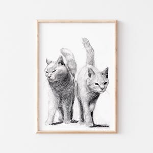 Digital download cat print, two cats Art Poster, kitten sketch Print, cat Silhouette drawing, Minimalist Print Art, charcoal cat sketch
