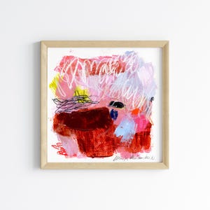 Small mini original abstract painting on paper, square painting, acrylic paint and pastel artwork, mini abstract, japandi abstract wall art
