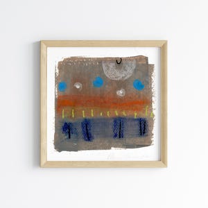 Small mini original abstract painting on paper, square painting, acrylic paint and pastel artwork, mini abstract, japandi abstract wall art