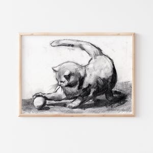 Digital download cat print, playing cat Art Poster, kitten sketch Print, cat Silhouette drawing, Minimalist Print Art, charcoal cat sketch