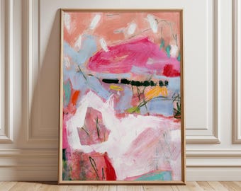 May include: Abstract painting with pink, blue, white, and yellow paint strokes. The painting has a textured surface and a modern style.