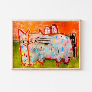 Dipinto originale di un gatto, opera d'arte di un gatto funky, arte retrò di un gatto, arte originale colorata di un gatto, illustrazione di due gatti, opera d'arte colorata e stravagante di un gatto