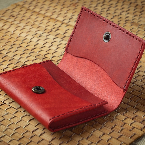 Minimalist Red leather wallet, Small leather wallet for men and women, Vegatable leather, mens wallet, wallet for women