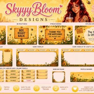 Könnte beinhalten: Ein digitales Streaming-Overlay-Set mit dem Titel Skyyy Bloom Designs im gelben Sonnenblumen- und Bienen-Design. Enthält Bildschirme für Start, Pause, Ende und Offline sowie Spiel-Overlays, Infopanels und einen Webcam-Rahmen.