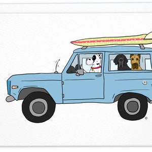 Great Dane Surfers in a Bronco Greeting Card Great Dane Card Great Dane Art