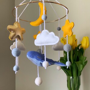 Felt Whale baby crib mobile with gold Moon, Stars and Clouds | Personalized mobile  | Nautical mobile | Sea mobile | Felt Mobile