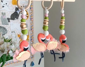 Felt Flamingo Gym Toy with Wool balls, wooden bead and rings | Felt Gym Toy| Baby activity toy | tropical nursery | flamingoes nursery