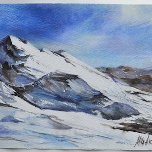 Mountain landscape with ski lift, picture in mixed media: watercolor with pastel pencils, original, no print,
