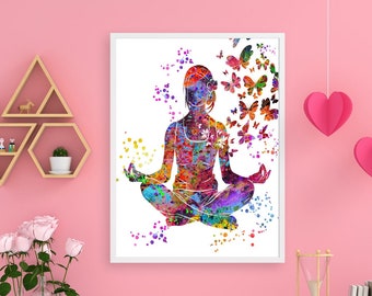 Female Yoga Namaste Kriya Yoga Asana Yoga Studio Lotus Pose Watercolor Yoga Print Wall Art Poster Inspirational Art Wall Decor Home Decor