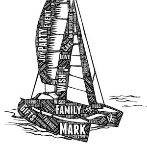 Puede incluir: Ilustración de arte de palabras en blanco y negro de un velero con el nombre Mark en la parte inferior. El velero está formado por palabras relacionadas con la celebración, la familia y la alegría.