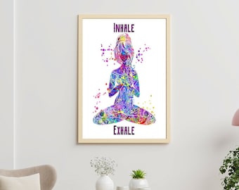 Namaste Inhale Exhale Wall Art Yoga Art Kriya Yoga Studio Lotus Pose Watercolor Yoga Print Wall Art Poster Art Wall Decor Home Decor