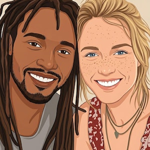 May include: Digital illustration of a smiling couple. The man has dark skin, a beard, and brown dreadlocks. The woman has fair skin, freckles, and blonde hair. She wears a red and white patterned top and a necklace. The background is a solid beige color.