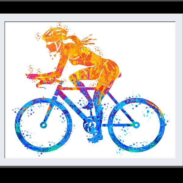 Cyclist Gift for Her - Female Bicycle Riding WaterColor Print - Fire+Water Elemental Digital Painting - Gift for Girls -  Wall Art