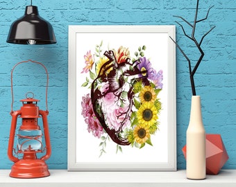 Heart Flower Anatomy Print, Medical Poster, Cardiologist Gift idea, Cardiology Decor, Medical School, Wall Art, Medical Decor, Heart Poster