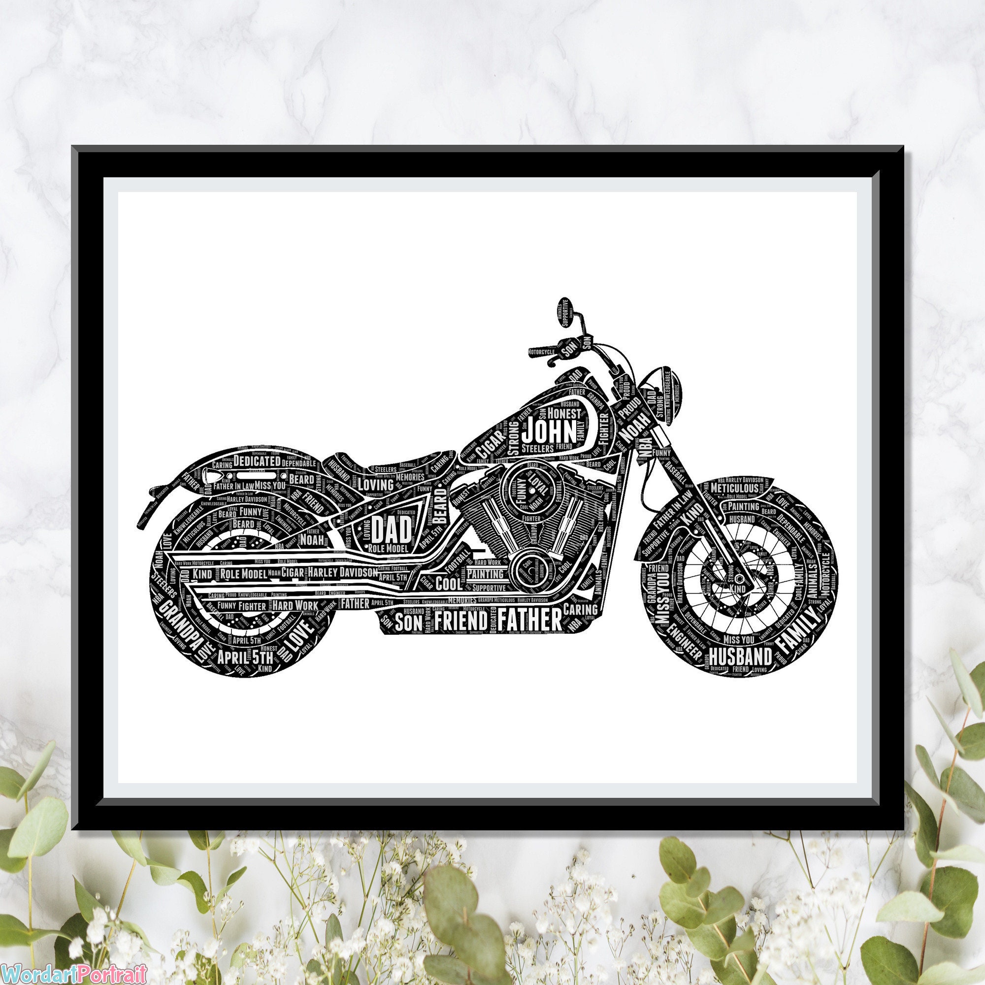 Harley Davidson Gift- Harley Davidson Print- Motorcycle Personalize Gift - Picture Wall Art Print - Dad Gifts For Him Rider Racer Word Cloud