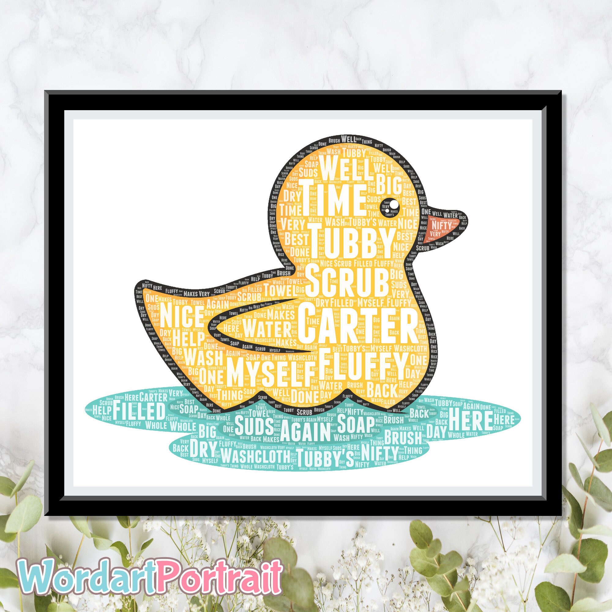 Personalize Rubber Duck - Bath Shower Wash Room Gift- Nursery wall decor - Word Art Portrait -Decor Prints Gift Wordle Duck Kids Bathroom Bathtub Room Decor Prints