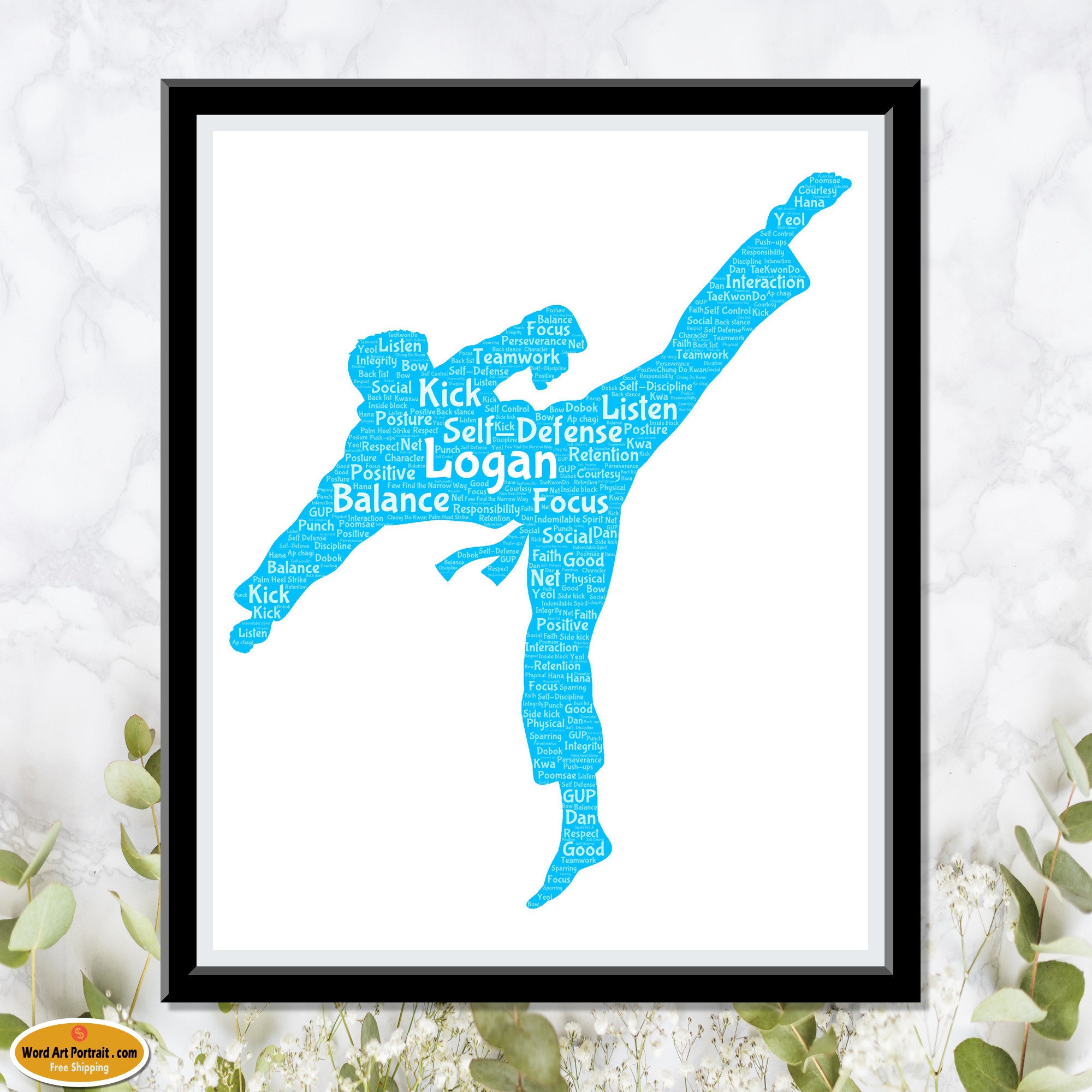 Personalized TaeKwondo Martial Art - Karate Man Word Art Typography - Word Cloud Gift for Him - Customized Word Art Portrait