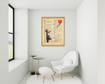Banksy Wall Art - Dictionary Art - Girl loses a heart shaped balloon - Banksy Print Vintage Wall Decor