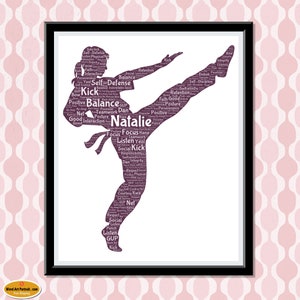 May include: A purple silhouette of a person in a martial arts pose with the word "Natalie" and many other words related to martial arts, such as "kick", "focus", "balance", and "self-defence".