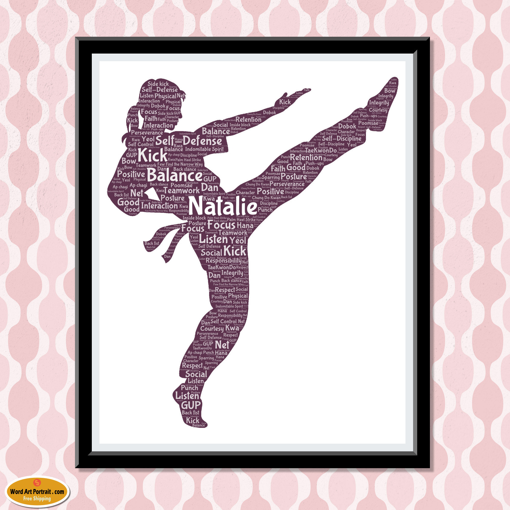 Martial Art Personalized Word Art - Karate Print- Kung Fu Girl gift - Kick Word Cloud Typography - Gift for Her - Custom Word Art Portrait