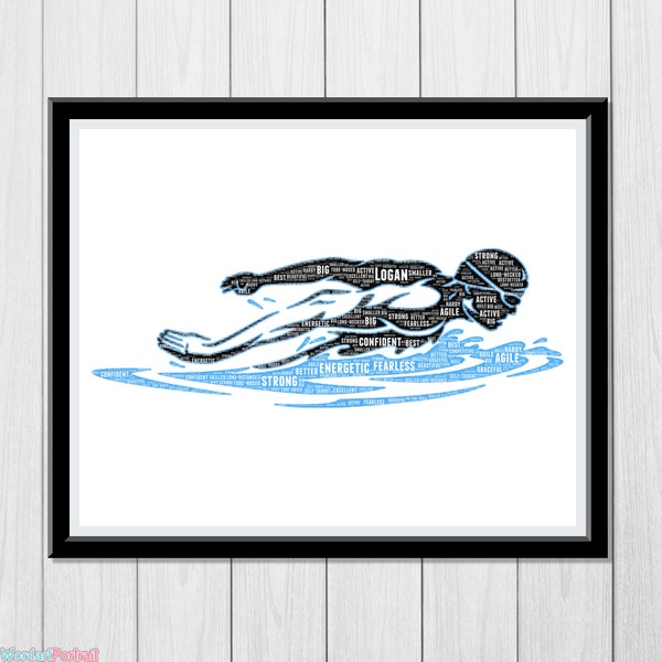 Schwimmen Geschenk personalisiertes Wort Art Room Dekor Print für Schwimmer Schwimmer Geschenke für Coach Sohn Papa Bruder Mann Schwimmen Wordle Wort Wolke