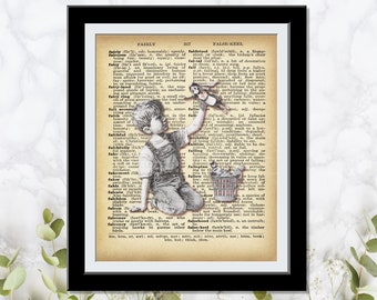 Medical Super Hero - Banksy Wall Art Dictionary Art Banksy Print Angel showering love Red hearts boy playing with toy Vintage Wall Decor