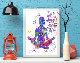 Watercolor Yoga Print: Namaste Pose, Boho Wall Art