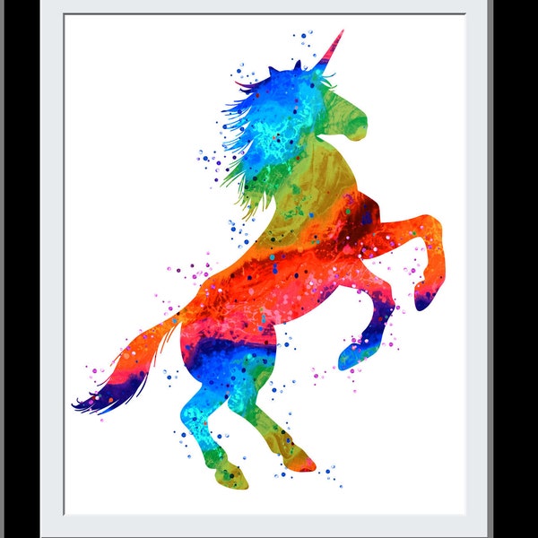 Lovely Unicorn Gift - Standing Unicorn WaterColor Print - Fire+Water Elemental Digital Painting - Gift for Girls - Nursery Decor Wall Art