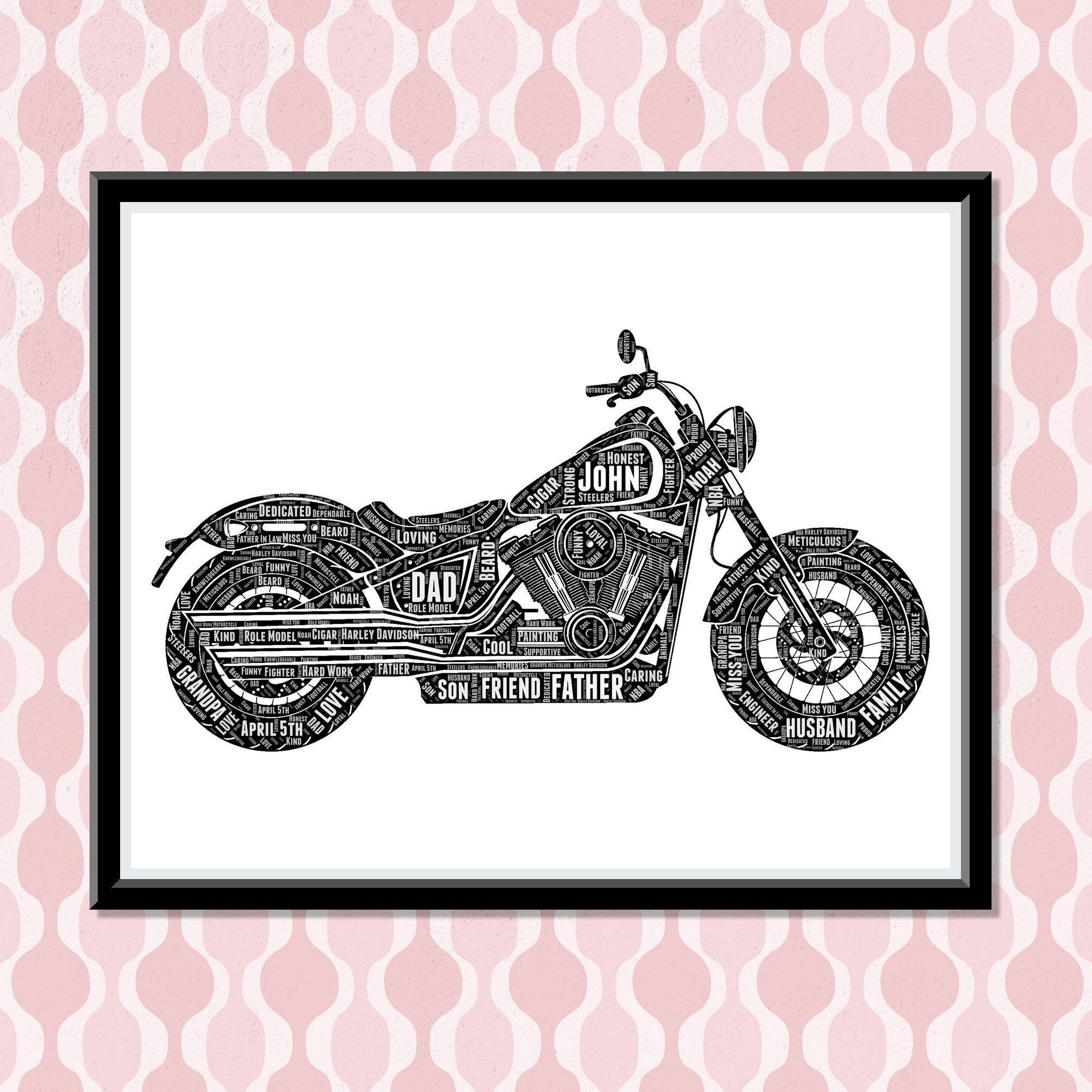 Harley Davidson Personalize Gift- Motorcycle Biker Wall Art Print- Dad Gifts For Him - Motorbike Rider Racer Honda Yamaha Club Ride Wordle