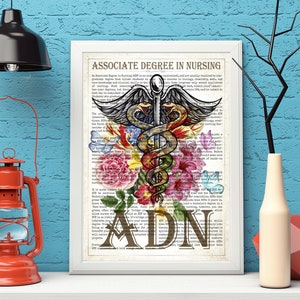 May include: A vintage-style print with a floral background and a caduceus symbol. The text "Associate Degree in Nursing" and "ADN" are visible. The print is framed in white.