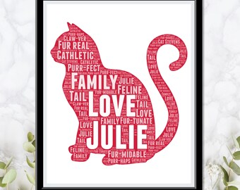 Regalos personalizados para gatos, Lindos regalos para amantes de los gatos, Wordle Art Decoración de la habitación de pared Impresiones Crazy Cat Meow Lady Gift Mascotas Mamá Mamá Papá Dueño Imprimir regalos
