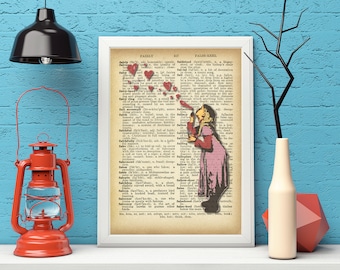 Banksy Wall Art - Dictionary Art - Girl blowing heart shapped bubbles - Banksy Print Vintage Wall Decor